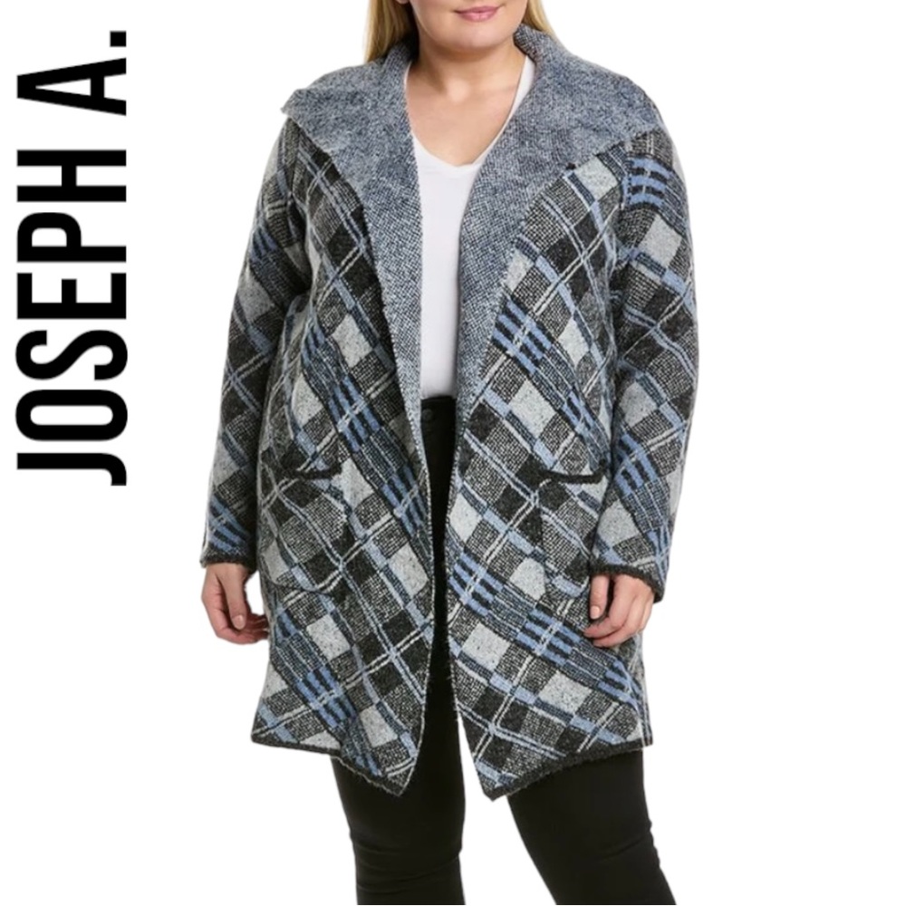 Joseph A. NWT Draped Open Cardigan ~  Blue & Gray Plaid ~ 2X
